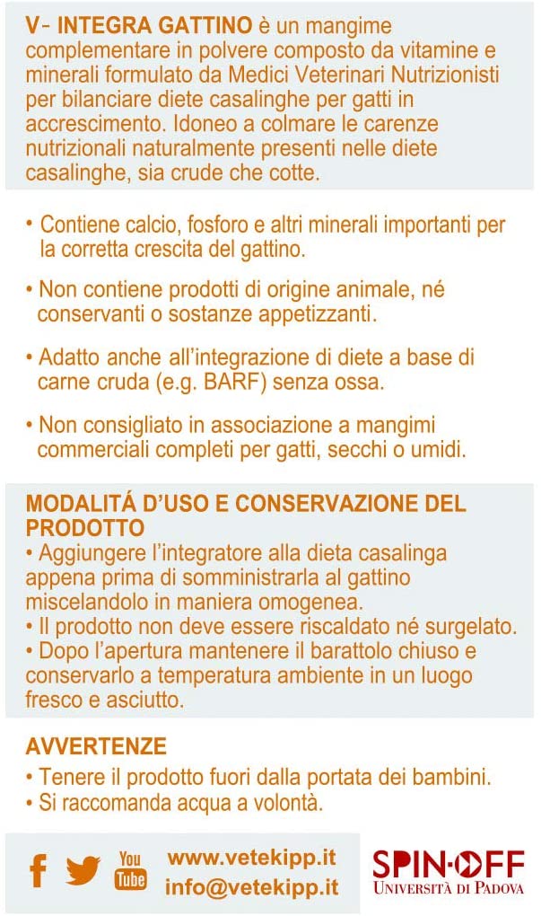 V-INTEGRA Kitten - Complete Supplement Rich in Vitamins and Minerals, for the Housewife Diet of the Puppy Cat - 200 g - Made in Italy - Image 3