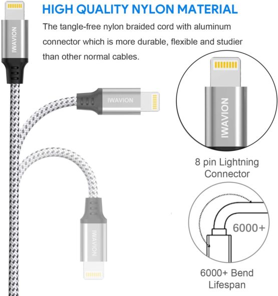 IWAVION iPhone Charger Cable, 3pack 3ft/1m Lightning Cable Nylon Braided MFi Certified iPhone Cable USB Sync Cord Fast iPhone Charging Cable for iPhone XS Max X XR 8 7 6s 6 Plus, iPad Mini-Silver/B - Image 3