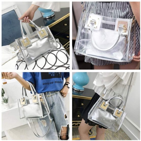Women Fashion Transparent Bag 2 in 1 Handbag Top Handle Tote Shoulder Crossbody Bag - Image 4