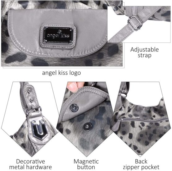 Angel Barcelo Roomy Fashion Hobo Womens Handbags Ladies Purse Satchel Shoulder Bags Tote Washed Leather Bag (AK812-2Z Gray Leopard) - Image 4