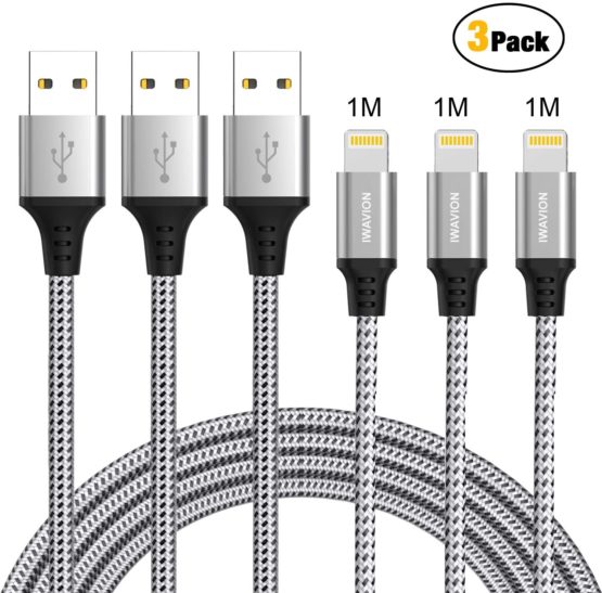 IWAVION iPhone Charger Cable, 3pack 3ft/1m Lightning Cable Nylon Braided MFi Certified iPhone Cable USB Sync Cord Fast iPhone Charging Cable for iPhone XS Max X XR 8 7 6s 6 Plus, iPad Mini-Silver/B