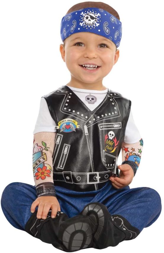 amscan 9900880 Little Biker Costume with Tatooed Sleeves and Hat - Age 0-6 Months - 1 PC, Non Solid Colour