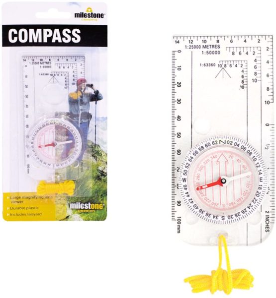Milestone Camping 20690 Travel Compass ~ Hiking, Camp, Outdoors ~ Lanyard Included, Transparent