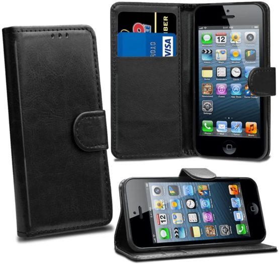 iPhone SE 5 5S Case Premium Leather Flip Wallet Case Cover Pouch For iPhone SE 5 / 5S and Screen Protector With Polishing Cloth And Stylus (Black) - Image 2