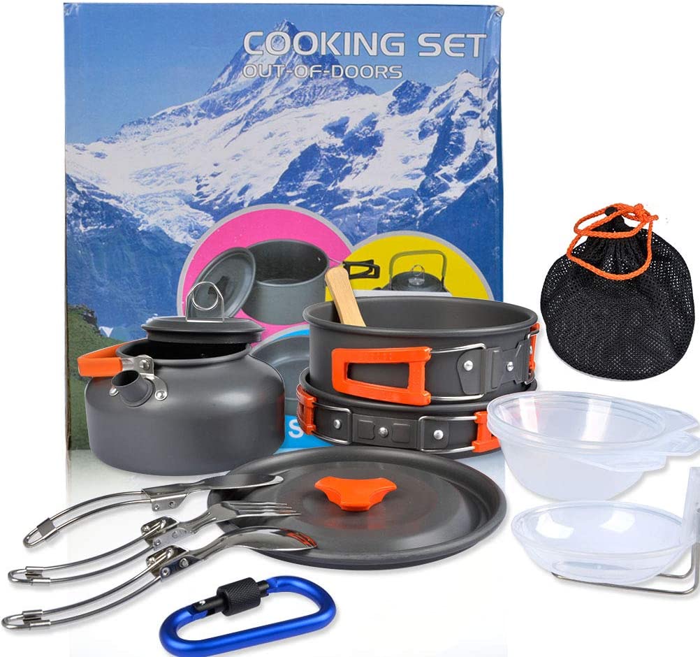 OFNMY 17Pcs Camping Cookware Kit, Non Stick Camping Pans Pots Campfire