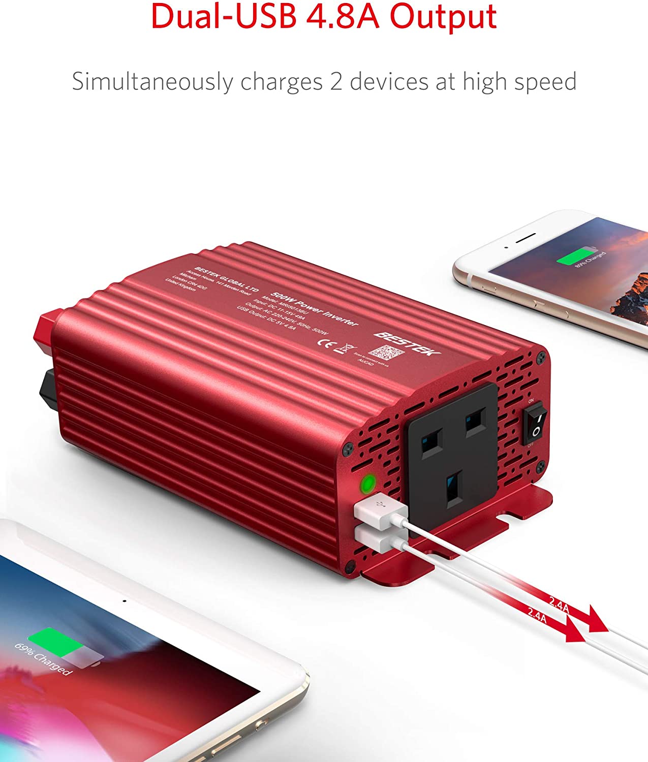 BESTEK 500W Car Vehicle Power Inverter DC 12V to AC 230V 240V Converter Car Charger Lighter Adapter with Dual USB Ports - Image 2
