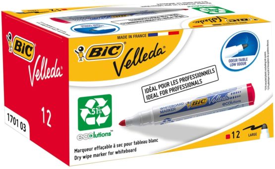 Bic Velleda 1701 Ecolutions Whiteboard Pens, Red - Box of 12 - Dry Erase Pens for Whiteboards in School or office