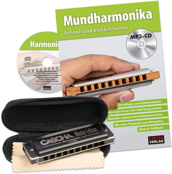 CASCHA HH 2058 Master Edition Blues Harmonica High-Quality Harmonica in C Major with Soft Case and Cleaning Cloth Set with text book Black