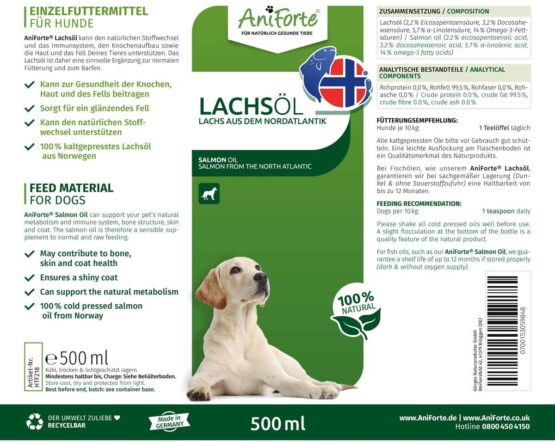 AniForte Premium Salmon Oil for Dogs, Cats, Horses & Pets 500ml - 100% Pure Natural Norwegian Fish Oil Supplement With Omega 3, 6 & EPA, DHA & ALA Fatty Acids, For Coat & Skin, Joints & Brain Health - Image 3