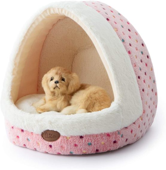 Tofern Colorful Dots Patterns Striped Cute Pet Fleece Bed Puppy Small Dog Cat Sleeping Igloo House Non-Slip Warm Washable, Pink Dots