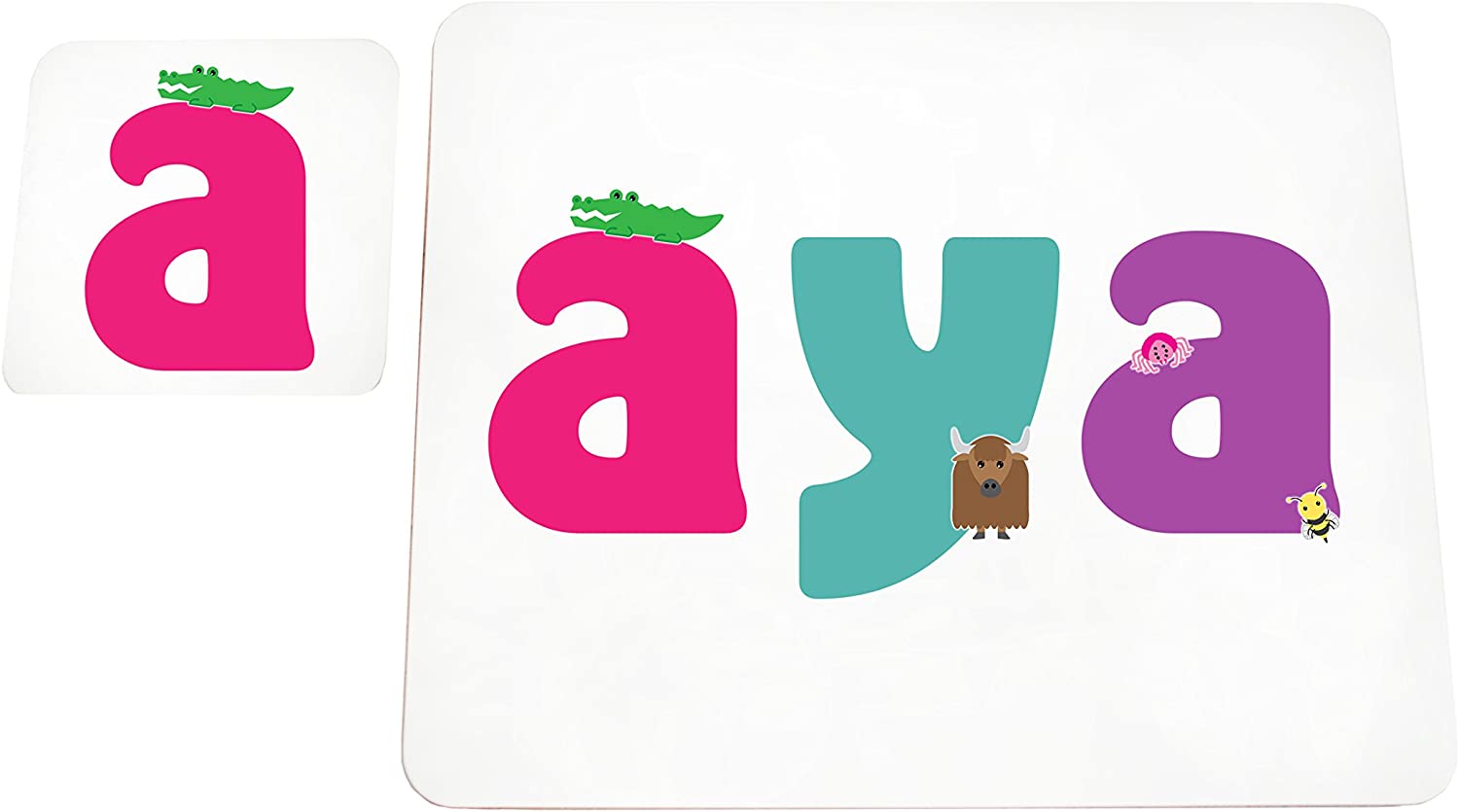 Little Helper Doily with Colourful Coaster Style Example with Girl's Name Aya, multicolour, placemat: 19 x 23cm coaster: 16 x 12cm