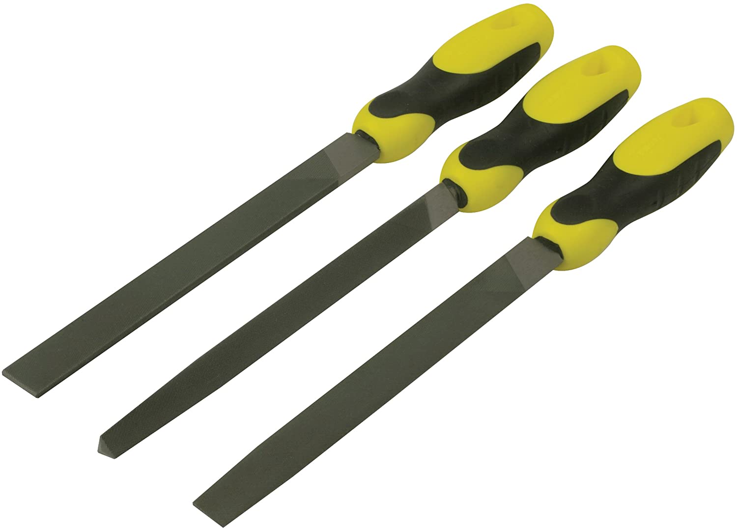 STANLEY 3 Pieces Hand File Set includes Flat, Half-Round and Three-Square Blades, 0-22-464, Yellow/Black, 1/2 Round/ Flat/ Triangle