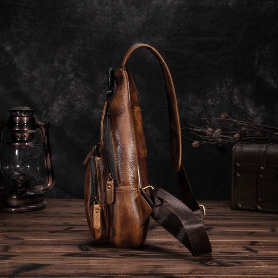 Le'aokuu Men Genuine Leather Chest Bag Fashion Casual Travel Hiking Crossbody Sling Bag Rig One Shoulder Strap Bag Backpack 8015 - Image 3