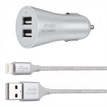 Belkin Studio 4.8A 24W 2 Port Car Charger with 1.5 Metre Braided Charge Sync Lightning Cable for iPhone iPad (Silver)