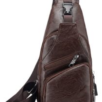 FANDARE New Sling Bag Chest Bag with USB Charging Port Earphone Hole Sport Gym Student One Shoulder Backpack Men Outdoor Shoulder Bag Waterproof PU Dark Brown A