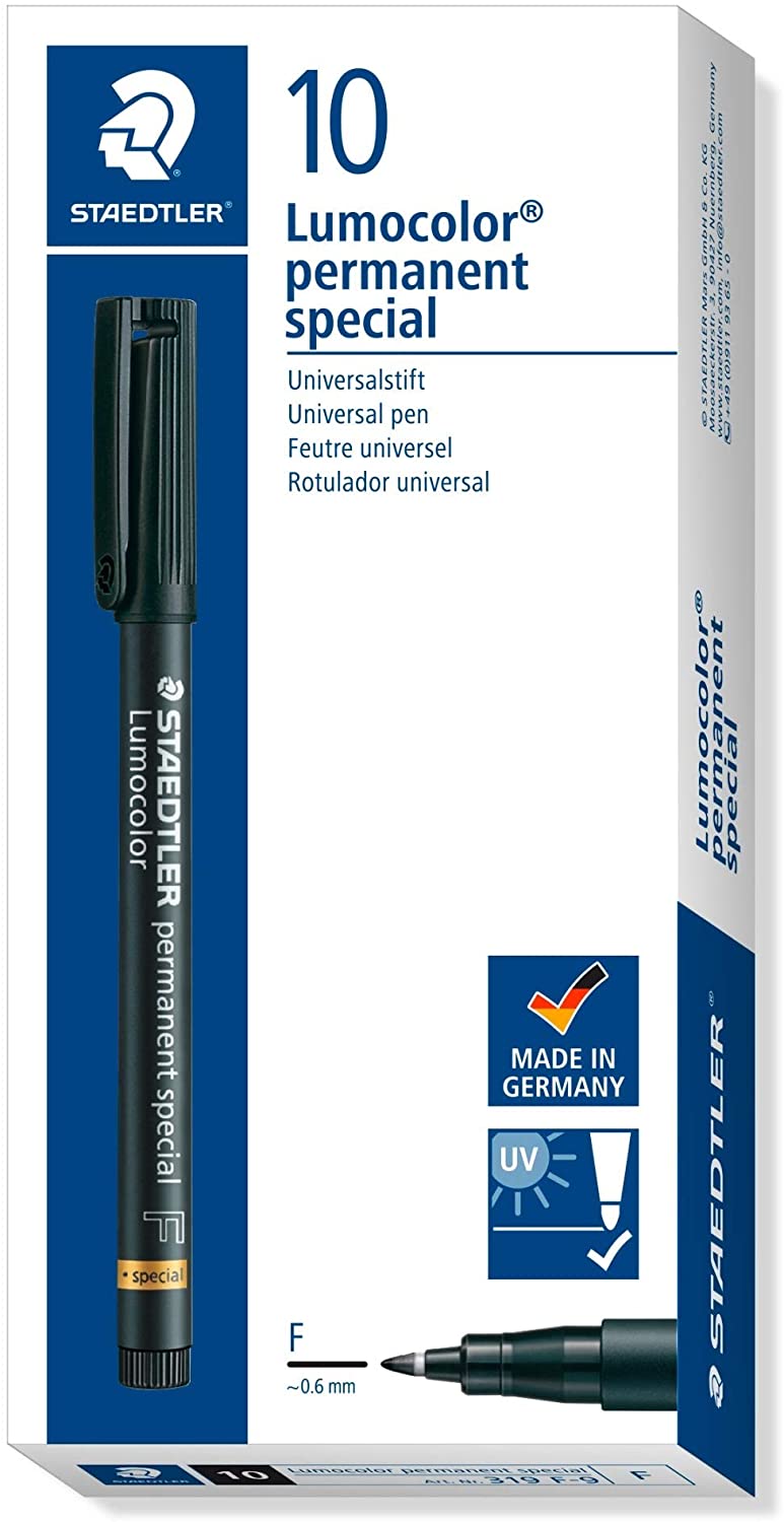 STAEDTLER 319 F-9 Lumocolor Special Permanent Marker, Medium 0.6 mm - Black (Pack of 10), 1 count (Pack of 10)