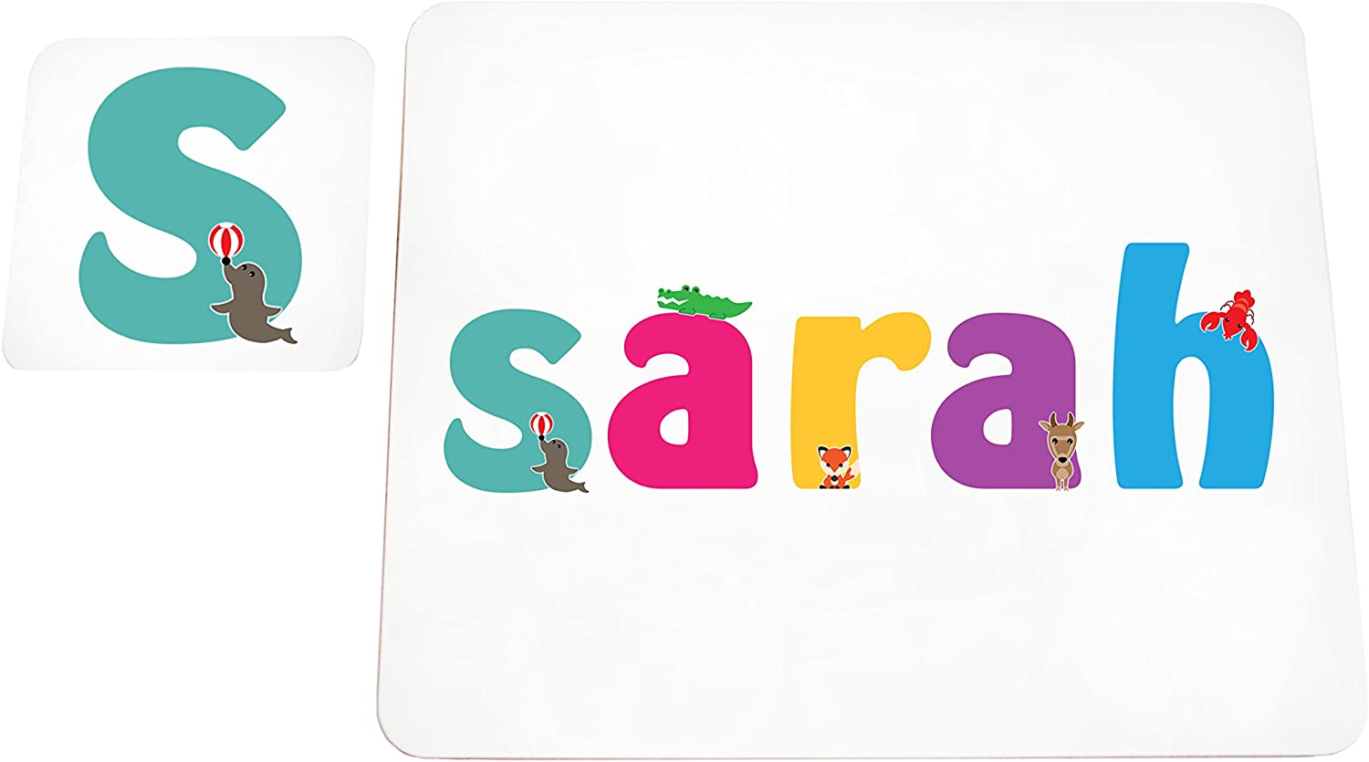 Little Helper Doily with Colourful Coaster Style Example with Girl's Name Sarah, multicolour, placemat: 19 x 23cm coaster: 16 x 12cm