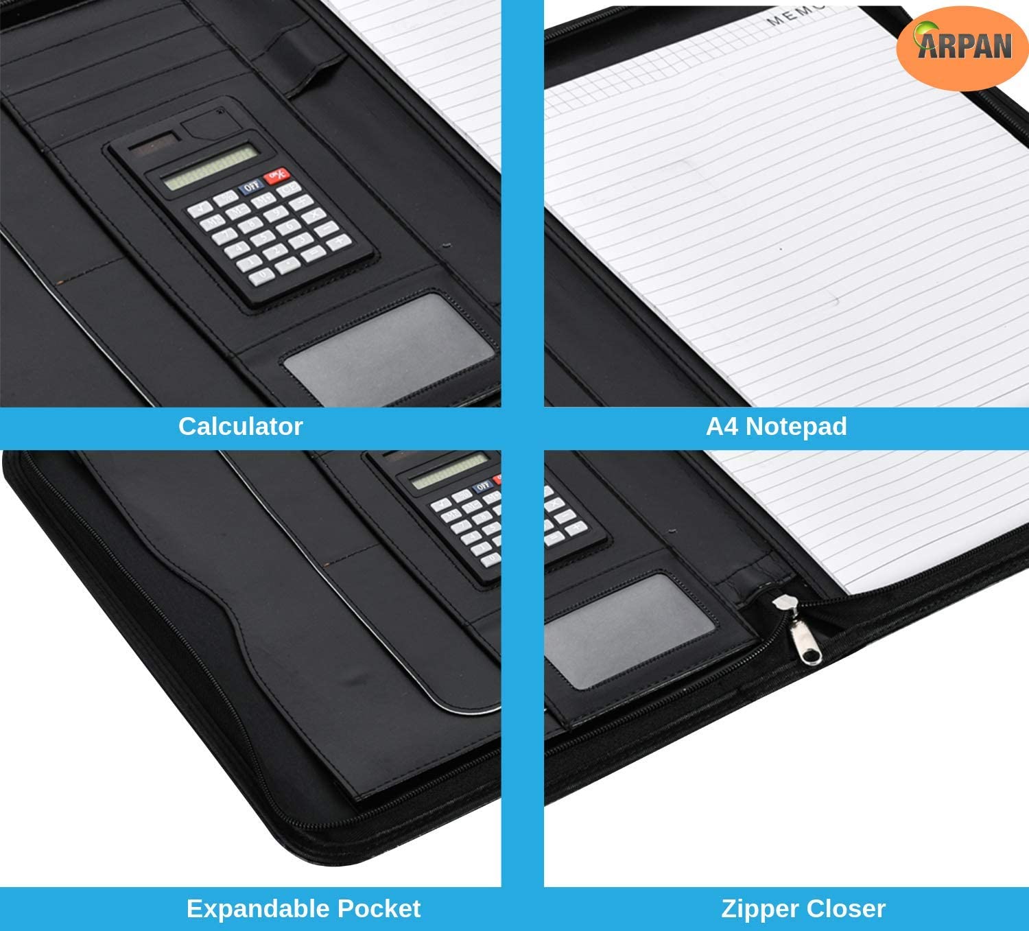 Arpan Black Leather Look A4 Zipped Conference Folder with Calculator & Pad/Executive Portfolio - Image 4
