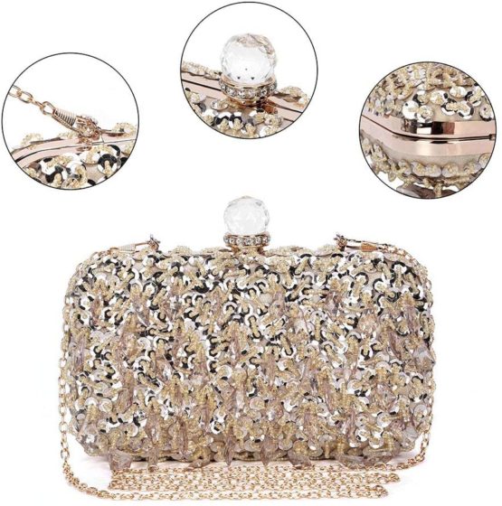 Women Glitter Clutch Evening Handbags Ladies Pures Hard Shell Tassel Clutches for Parties Wedding Club - Z-Gold - Image 3