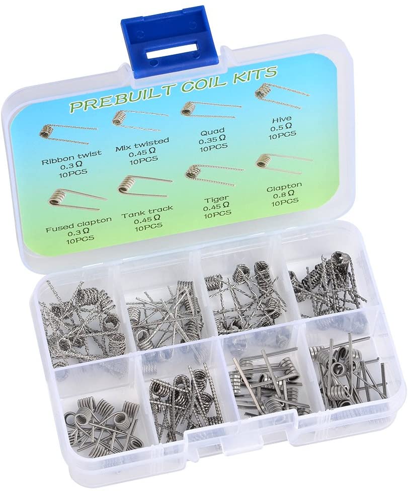 TIMESETL 80Pcs Prebuilt Coils 0.3Ω 0.35Ω 0.45Ω 0.5Ω 0.8Ω Premade Coil Set 3mm Heating Wire for RDA, RBA, RDTA Hobby Use Fused Clapton Coil, Twisted, Hive, Quad, Tiger