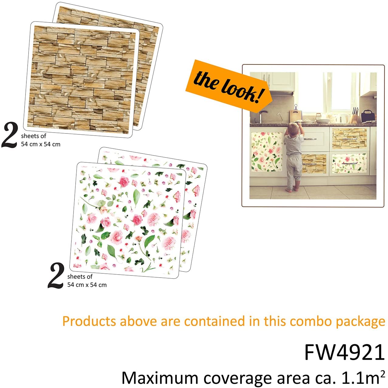 WALPLUS FW4921-COM-WM5110x2/WM5111x2 Flower and Rock Pattern Self-Adhesive Decal Furniture Wrap, Vinyl, Multi-Colour, 64 x 5.5 x 5.5 cm - Image 3