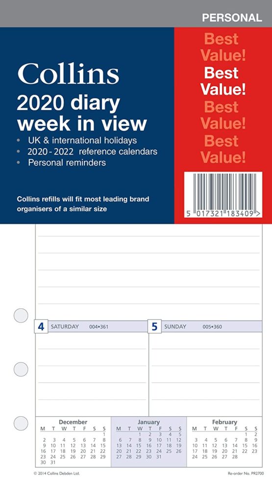 2020 Week to View Refill for Personal Size Personal Organiser (6 Ring Mechanism)