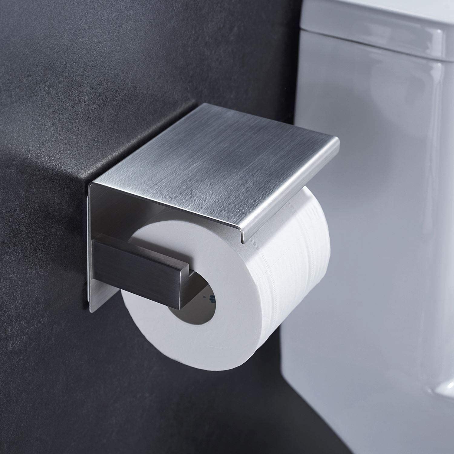 Aikzik Toilet Roll Holder Self Adhesive, Screw-in Wall Mounted Toilet Paper Holder with Phone Shelf - Image 3