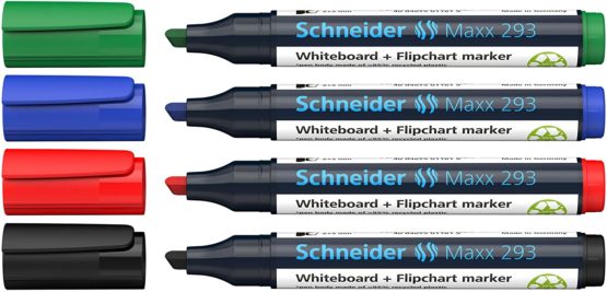 Schneider Board/ Flip Chart Marker 293 4 Pack of Black, Red, Blue, Green, Refillable 1 + 4 mm