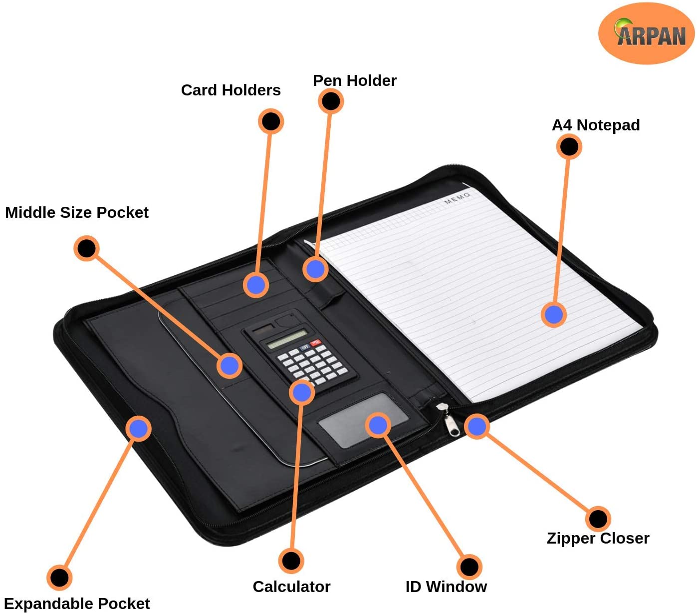 Arpan Black Leather Look A4 Zipped Conference Folder with Calculator & Pad/Executive Portfolio - Image 3
