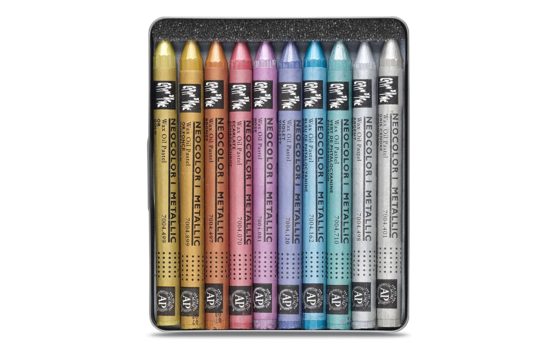 Caran Dache Metal tin with 10 wax pastels assorted metallic colours - Image 3
