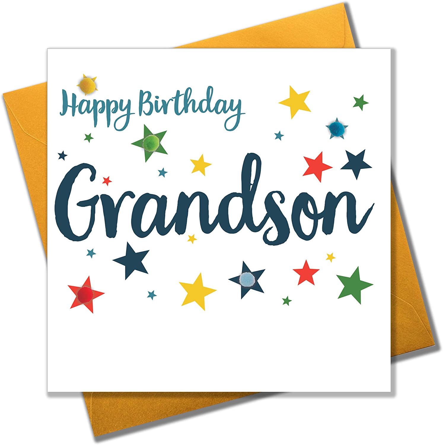 Claire Giles Greeting Cards, Happy Birthday Grandson Card, Stars design Birthday Greeting Card, Embellished with colourful Pompoms