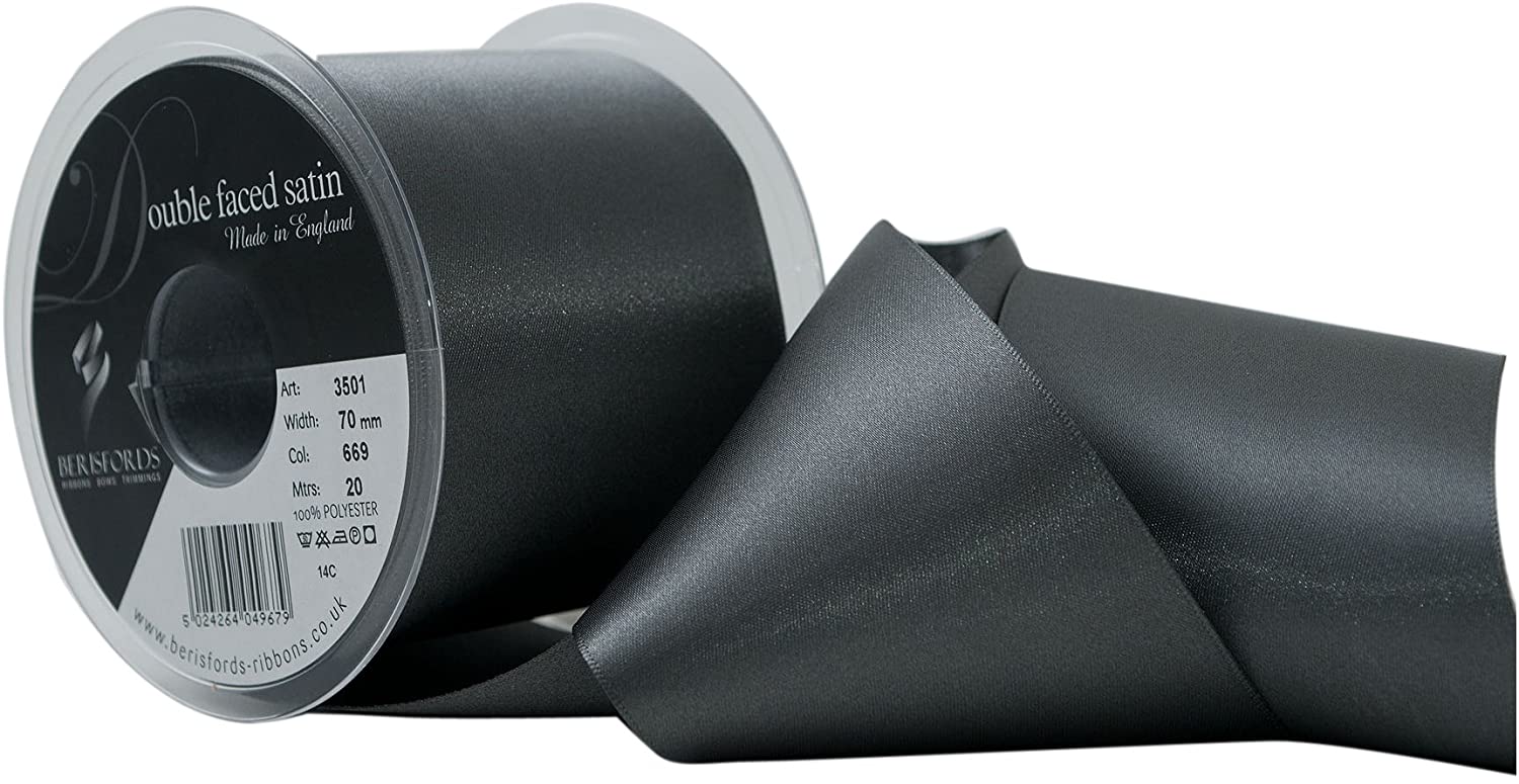 Berisfords 70 mm Double Faced Polyester Satin Ribbon, Smoked Grey