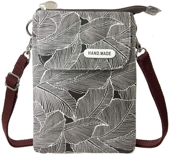 KXF Canvas Cell Phone Purse Wallet Freshing Elegant Leaf Pattern Small Crossbody Bag Lightweight Shoulder Bag Cellphone Pouch with Adjustable Strap for Women Girls