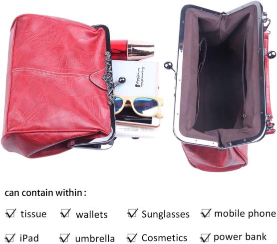 LUI SUI Women Retro Handbag, PU Leather Purse Vintage Top Handle Bag Kiss Lock Crossbody Shoulder Bag for Ladies - Image 3