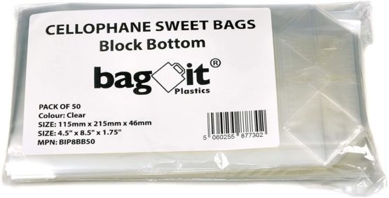 Clear Cellophane Block Bottom Sweet Bags 4.5" x 8.5" x 1.75" - Pack of 50 - Image 2