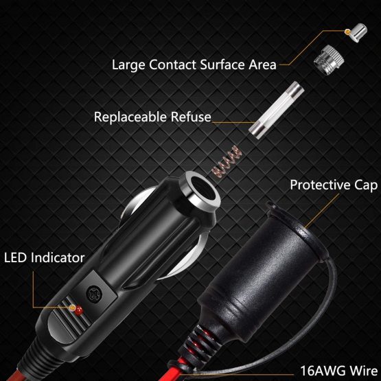 WOWLED Cigarette Lighter Extension Cord 16AWG 12ft, Heavy Duty Pure Copper Core Wire Cable with 15A Fuse, DC Extension Cord 12V/24V for Car Charger, Tire Inflator, Compressor Pump, Cleaner, Camping - Image 2