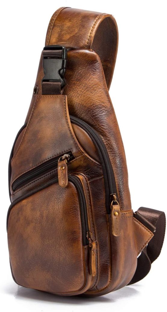 Le'aokuu Men Genuine Leather Chest Bag Fashion Casual Travel Hiking Crossbody Sling Bag Rig One Shoulder Strap Bag Backpack 8015