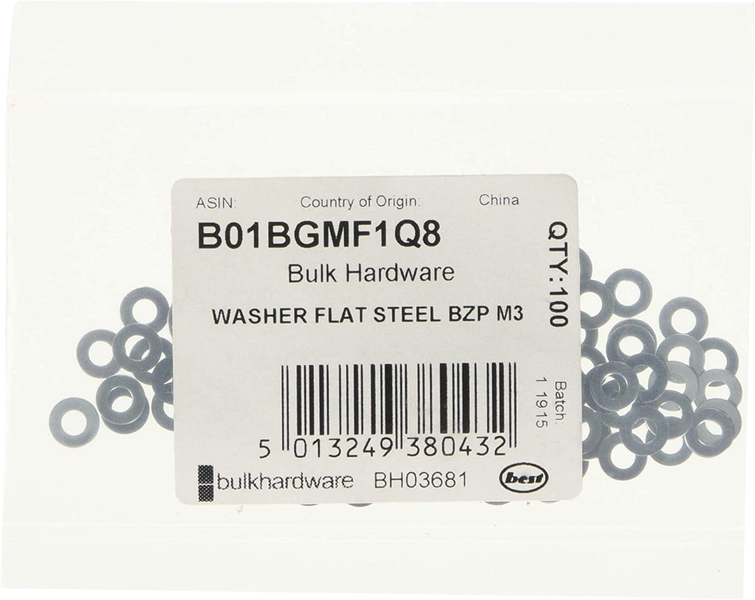 Merriway BH03681 (100 Pcs) M3 (1/8 Inch) Bright Zinc Plated Steel Flat Washer - Pack of 100 Pieces