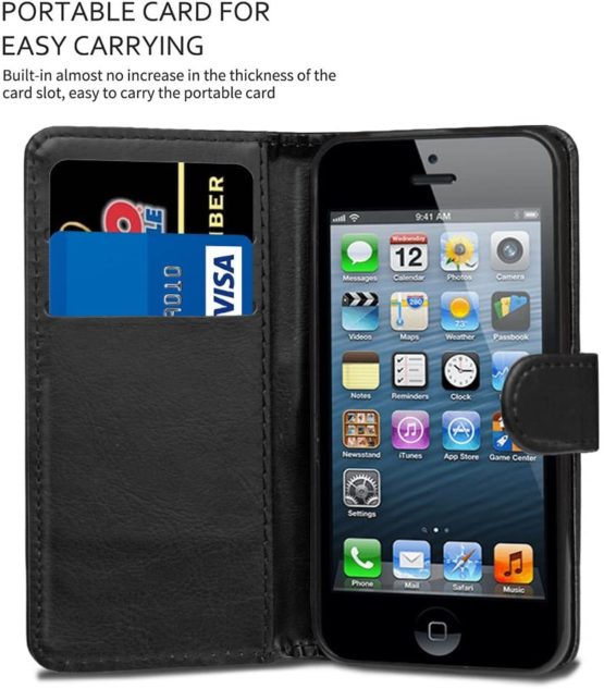iPhone SE 5 5S Case Premium Leather Flip Wallet Case Cover Pouch For iPhone SE 5 / 5S and Screen Protector With Polishing Cloth And Stylus (Black) - Image 3