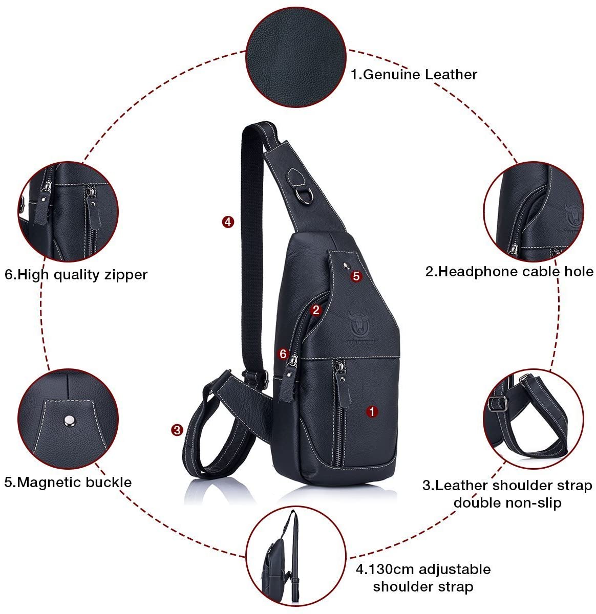 HARPIMER Chest Bag Men Genuine Leather Chest Bag,Novatech Crossbody Shoulder Bag Sling Bags Backpack Messenger Bag Daypack For Business Casual Sport Hiking Travel (Black) - Image 3