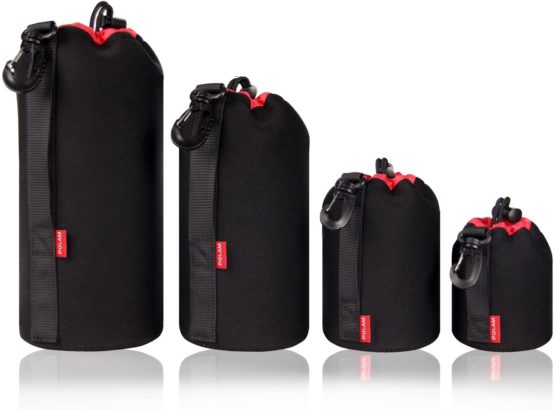 POLAM-FOTO 4 Pack Thick Lens Pouch Set for Protect DSLR Camera Len, Lens Case Neoprene with Soft Thick Black Plush Inside for Canon, Nikon, Tamron, Sigma, Pentax, Sony, etc.