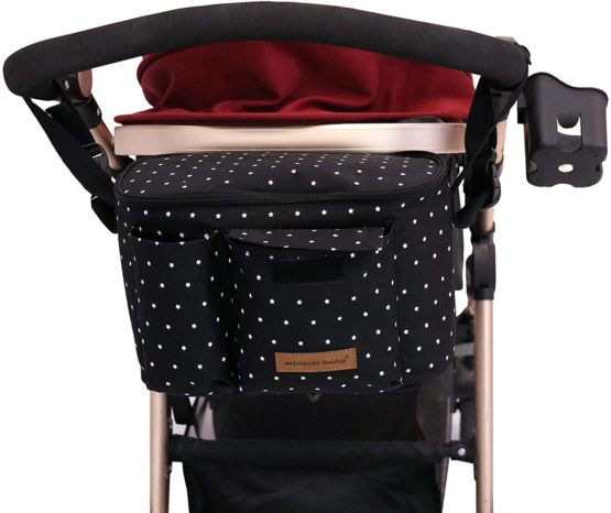 Buggy Bag Stroller Organizer Bag for Mom, Pram Bag with Zipper, Large Storage Space Buggy Organizer for Toys, Diapers, Drinking, Bottles, Cell Phones and Other Baby Items(Black Point)