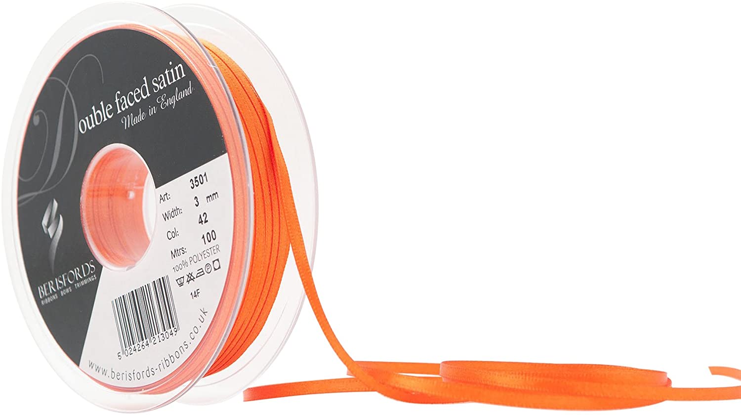 Berisfords Double Faced Satin Ribbon, Orange Delight, 3 mm Width, 100 metre Length