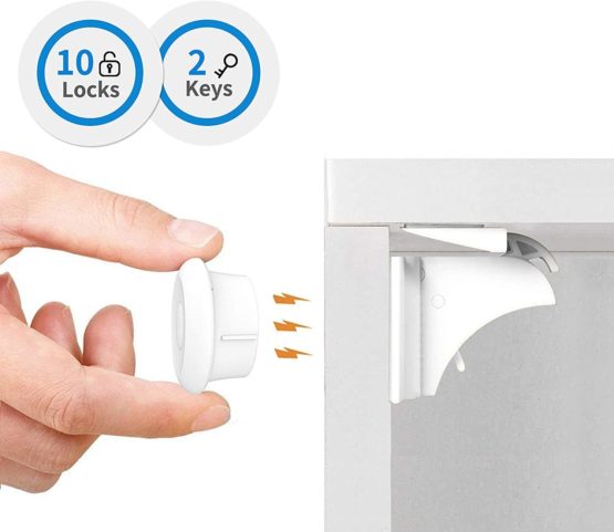 Baby Safety Magnetic Cupboard Locks - 10 Pack Child Proof Cupboard Catches and Locks, No Screws or Drilling, Easy Install in Seconds, Latest Design to Protect Your Kids and Toddlers - Norjews