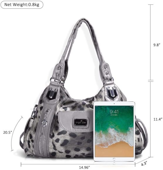 Angel Barcelo Roomy Fashion Hobo Womens Handbags Ladies Purse Satchel Shoulder Bags Tote Washed Leather Bag (AK812-2Z Gray Leopard) - Image 2
