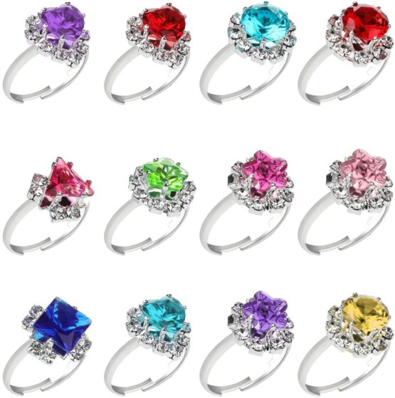 Hifot 12 pcs Girls Crystal Adjustable Rings, Princess Jewelry Finger Rings with Heart Shape Box, Girl Pretend Play and Dress up Rings for Children Kids Little Girls - Image 2