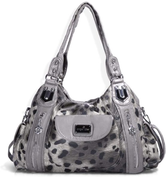 Angel Barcelo Roomy Fashion Hobo Womens Handbags Ladies Purse Satchel Shoulder Bags Tote Washed Leather Bag (AK812-2Z Gray Leopard)