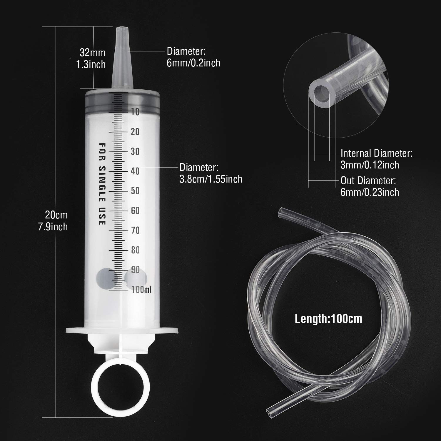 Hyber&Cara 100ml Syringe with 100cm Tube, Large Plastic Measuring Syringe for Fluid Oil Suction Nutrient Measuring, Refilling - Image 3
