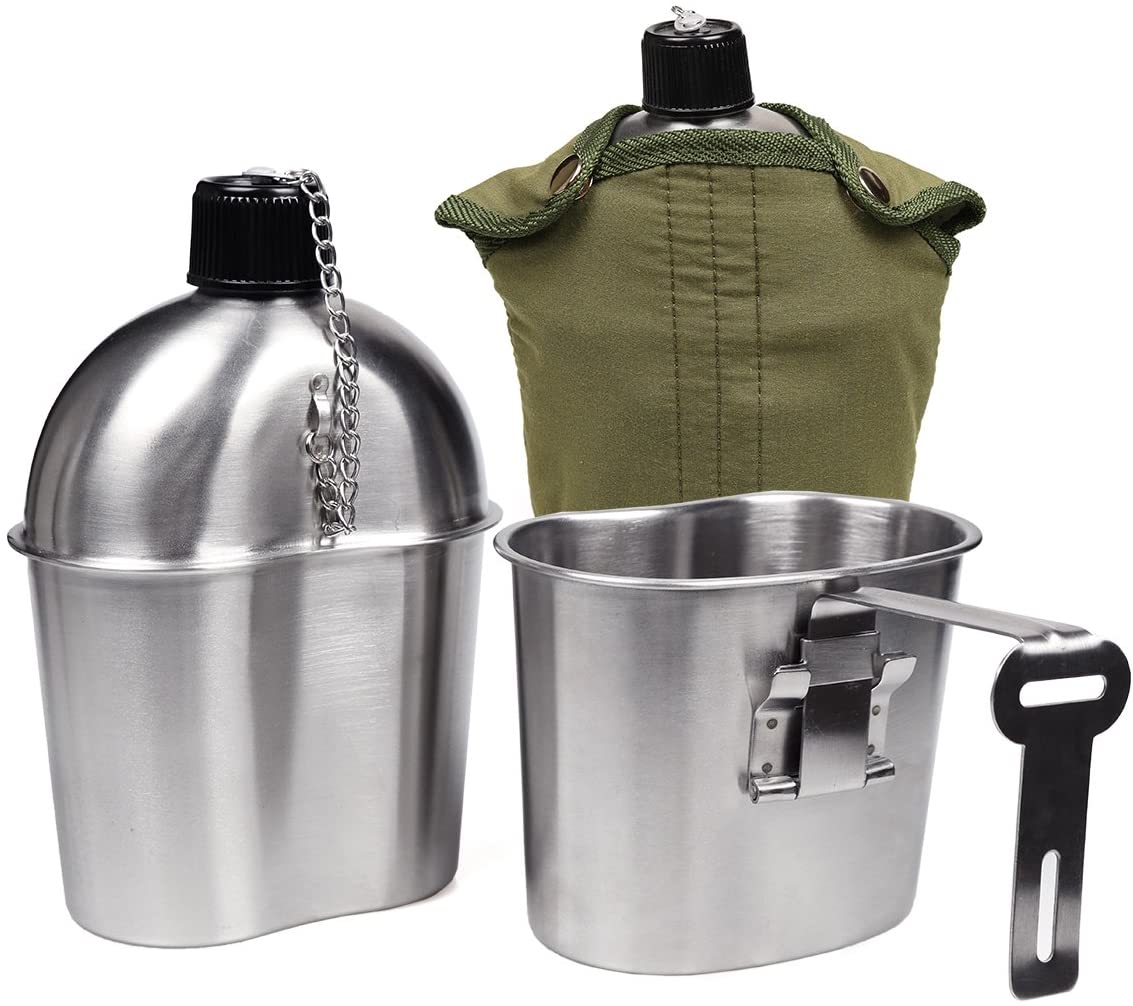 Goetland Stainless Steel WWII US Military Canteen Kit 1QT with 0.5QT Cup Nylon Cover G.I. for Camping, Canteen Kit