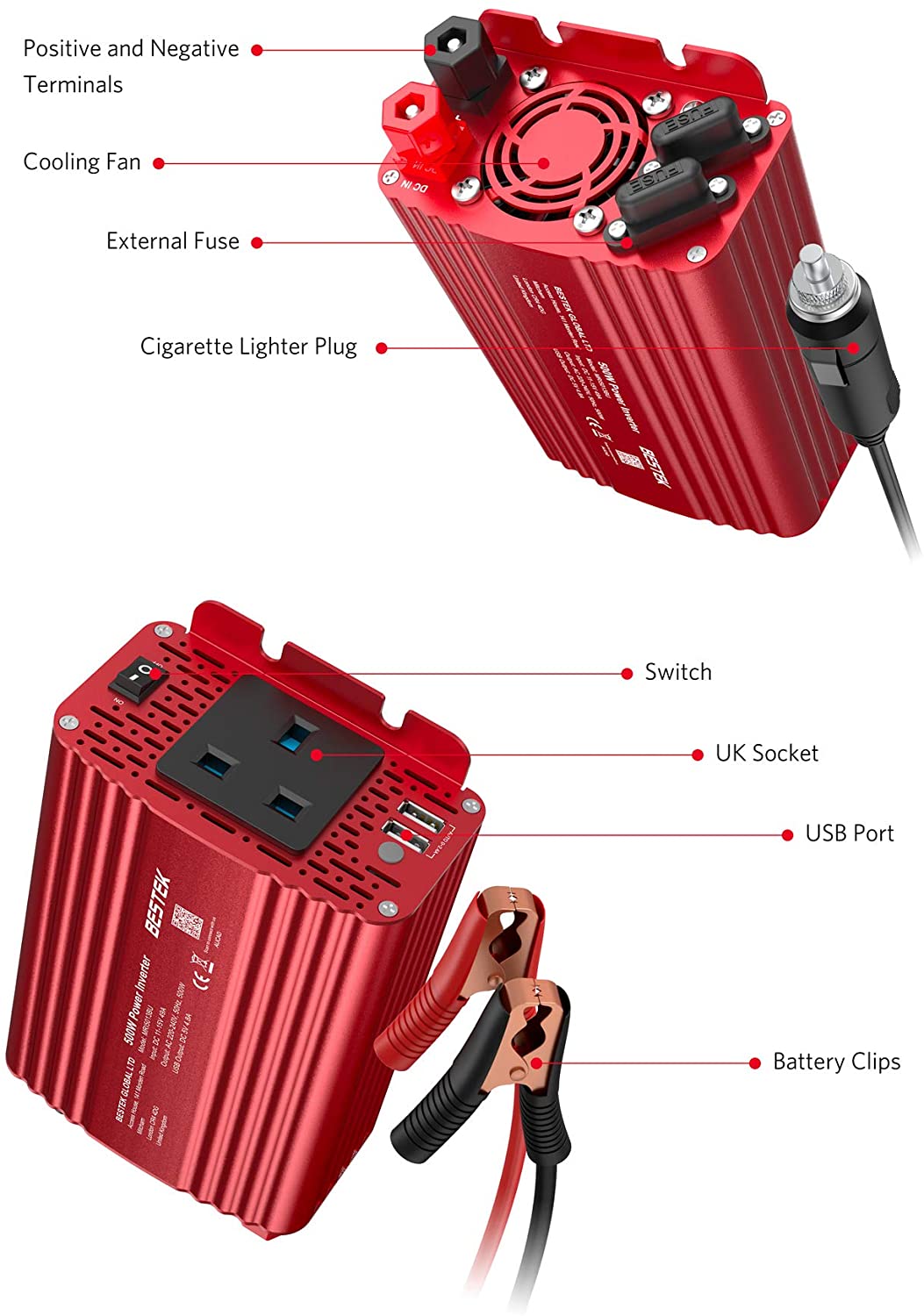 BESTEK 500W Car Vehicle Power Inverter DC 12V to AC 230V 240V Converter Car Charger Lighter Adapter with Dual USB Ports - Image 4